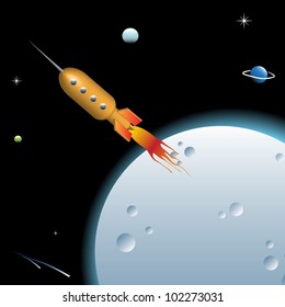 Abstract colorful background with a rocket flying with a huge speed near the moon