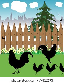 Abstract colorful background with rooster and chickens inside a courtyard
