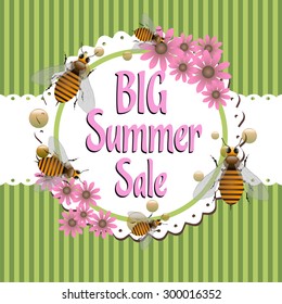 Abstract colorful background with rounded floral frame, bees and the text big summer sale written with pink letters inside the frame
