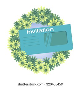 Abstract colorful background with rounded floral frame and blue envelope with the text invitation. Invitation concept