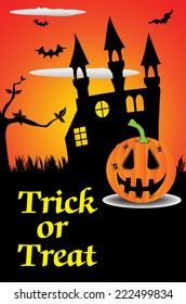Abstract colorful background with the ruins of an old castle, bats, an evil pumpkin and the text trick or treat written bellow with yellow letters. Halloween postcard concept