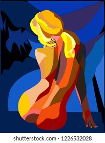 Abstract colorful background with sad woman sitting on the ground