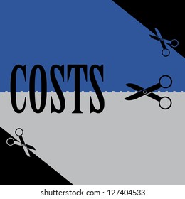 Abstract colorful background with scissors cutting in two the word costs. Reducing costs theme