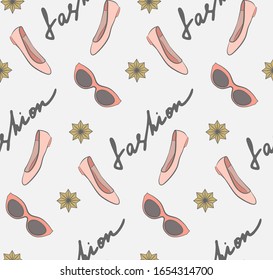Abstract colorful background. Seamless pattern on gray found. Vector illustration. Isolated. Hand drawing sketch. Colored ballet shoes, glasses, earrings. Golden, rose, yelow, gray. Fashion things.