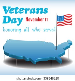 Abstract colorful background with the shape of United States of America, an american flag and the text Veterans Day written in blue