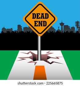 Abstract colorful background with a signpost with the text dead end coming out from a crack at the end of a street