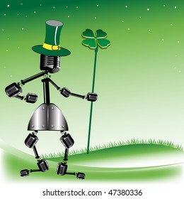 Abstract colorful background with silhouette made from microphones, wearing a green hat and holding a four leafed clover in his hand. Saint Patrick's Day theme