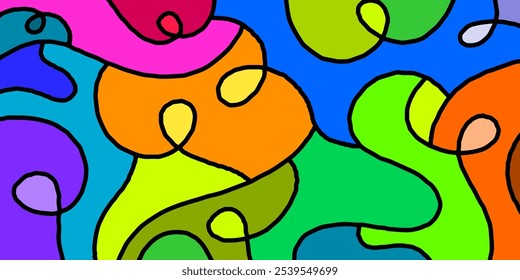 Abstract colorful background with simple hand drawn liquid shapes composition. Fun childish doodle backdrop.