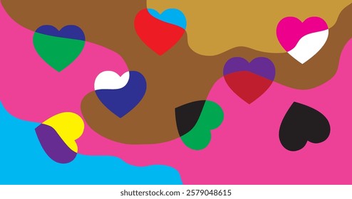 Abstract colorful background with simple hand drawn liquid shapes composition. Fun childish doodle backdrop. Minimal horizontal cover design in bright trendy colors.