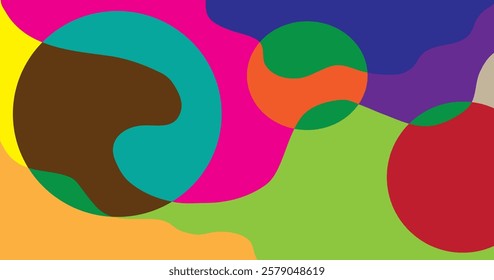Abstract colorful background with simple hand drawn liquid shapes composition. Fun childish doodle backdrop. Minimal horizontal cover design in bright trendy colors.