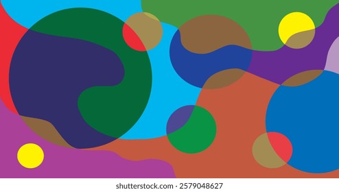 Abstract colorful background with simple hand drawn liquid shapes composition. Fun childish doodle backdrop. Minimal horizontal cover design in bright trendy colors.