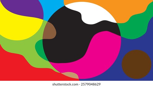 Abstract colorful background with simple hand drawn liquid shapes composition. Fun childish doodle backdrop. Minimal horizontal cover design in bright trendy colors.