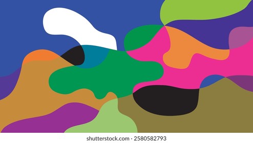 Abstract colorful background with simple hand drawn liquid shapes composition. Fun childish doodle backdrop. Minimal horizontal cover design in bright trendy colors.