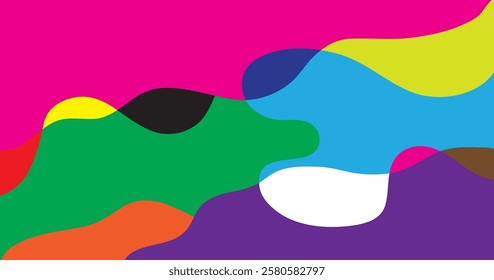 Abstract colorful background with simple hand drawn liquid shapes composition. Fun childish doodle backdrop. Minimal horizontal cover design in bright trendy colors.