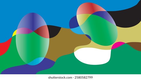 Abstract colorful background with simple hand drawn liquid shapes composition. Fun childish doodle backdrop. Minimal horizontal cover design in bright trendy colors.
