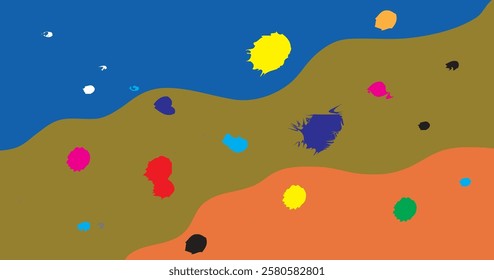 Abstract colorful background with simple hand drawn liquid shapes composition. Fun childish doodle backdrop. Minimal horizontal cover design in bright trendy colors.