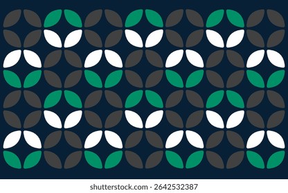 abstract colorful background. A simple Indonesian ethnic batik-inspired pattern featuring interlocking white, teal, and dark gray petals on a dark blue background. Elegant and modern	