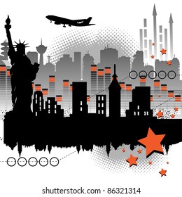 Abstract colorful background with skyscrapers, arrows, stars, building silhouettes, flying plane and the Statue of Liberty silhouette. Abstract urban art