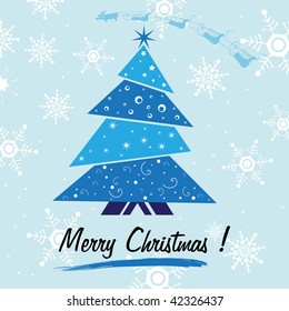 Abstract colorful background with small blue Christmas tree, white snowflakes and the text Merry Christmas written under the tree. Christmas concept