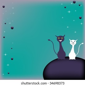 Abstract colorful background with small bubbles and two cats smiling standing on a sphere