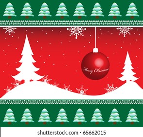 Abstract colorful background with small Christmas trees, white snowflakes and red Christmas ball
