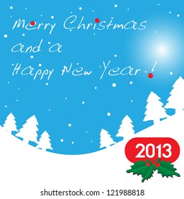 Abstract colorful background with small fir trees covered in snow and some mistletoe in front of a small red plate on which is written the number 2013 representing the new year to come