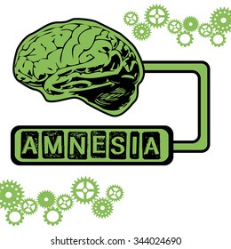 Abstract colorful background with small gears and a green brain connected to the word amnesia