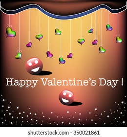 Abstract colorful background with small hearts hanging and two smiling balls. Valentine postcard concept