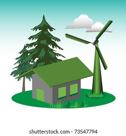 Abstract colorful background with small house built near a eolian wind turbine and fir trees. Ecological home theme