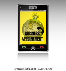 Abstract colorful background with a smartphone having a yellow screen with a green clock and the text business appointment written on the lower side of its screen