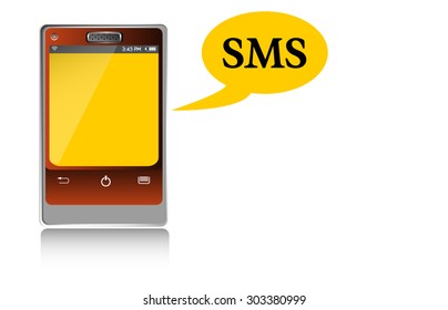 Abstract colorful background with smartphone and the text sms written near the phone. Short Message Service concept
