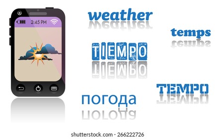 Abstract colorful background with smartphone, weather symbol, and the word weather written in five languages. Weather application