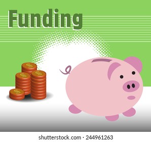 Abstract colorful background with stack of coins and piggy bank. Funding concept
