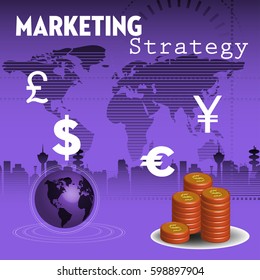 Abstract colorful background with stack of coins and various currency symbols. Marketing strategy concept
