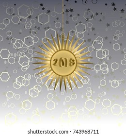 Abstract colorful background with with stars, circles and hexahedrons and the star from 2018 . Design for ads, website, banners and posters. Realistic vector illustration on dark background.