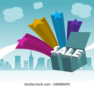 Abstract colorful background with stars and the word sale coming out from a blue box