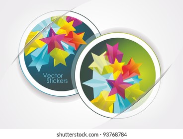 Abstract Colorful Background with stickers and 3d glass stars. Vector.