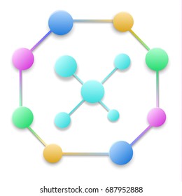 Abstract colorful background structure DNA bio molecules on white background. Chemistry background for banner, flyer or web. Molecular structure with white paper particles Vector illustration. EPS 10.