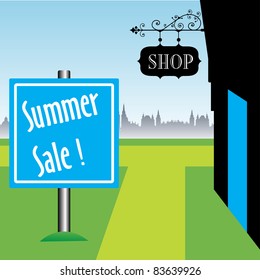 Abstract colorful background with summer sale plate planted in the grass in front of a shop. Sales concept