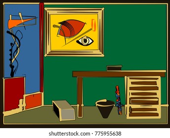 Abstract colorful background ,surreal green room with desk