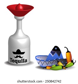 Abstract colorful background with tequila bottle, mexican sombrero and more chili peppers isolated on a white background