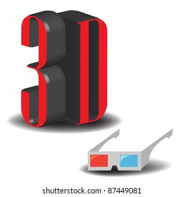 Abstract colorful background with the text 3D written in a three dimensional style and some 3D cinema glasses. 3D cinema theme