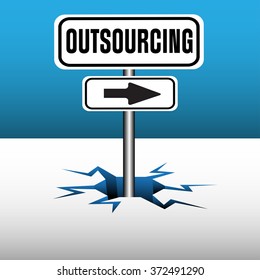 Abstract colorful background with the text outsourcing and an arrow coming out from an ice crack