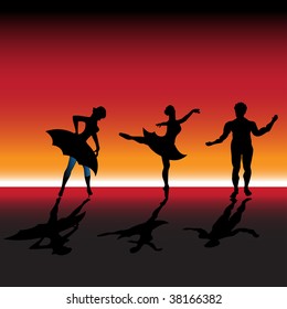 Abstract colorful background with three ballet dancers dancing on a stage