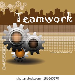 Abstract colorful background with three brown gears. Teamwork concept