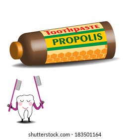 Abstract colorful background with toothpaste containing propolis and a tooth holding two toothbrushes