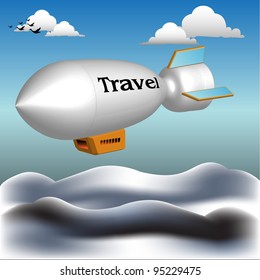 Abstract colorful background with traveling dirigible above the clouds