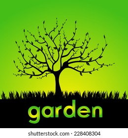 Abstract colorful background with a tree shape and the word garden written below with green letters