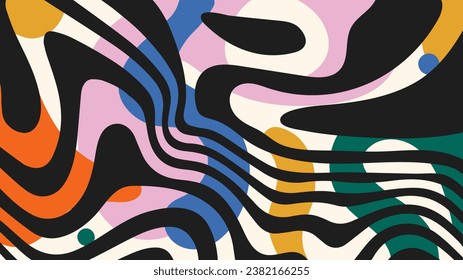 Abstract colorful background in trendy groovy style. Simple organic shapes and psychedelic wavy pattern. Contemporary doodle art backdrop. Hand drawn random figures, blobs, scribble.