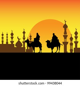 Abstract colorful background with two bedouins approaching a town on their camels